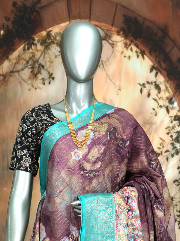 Mauve Purple with Turquoise Blue - Semi Raw Silk Saree