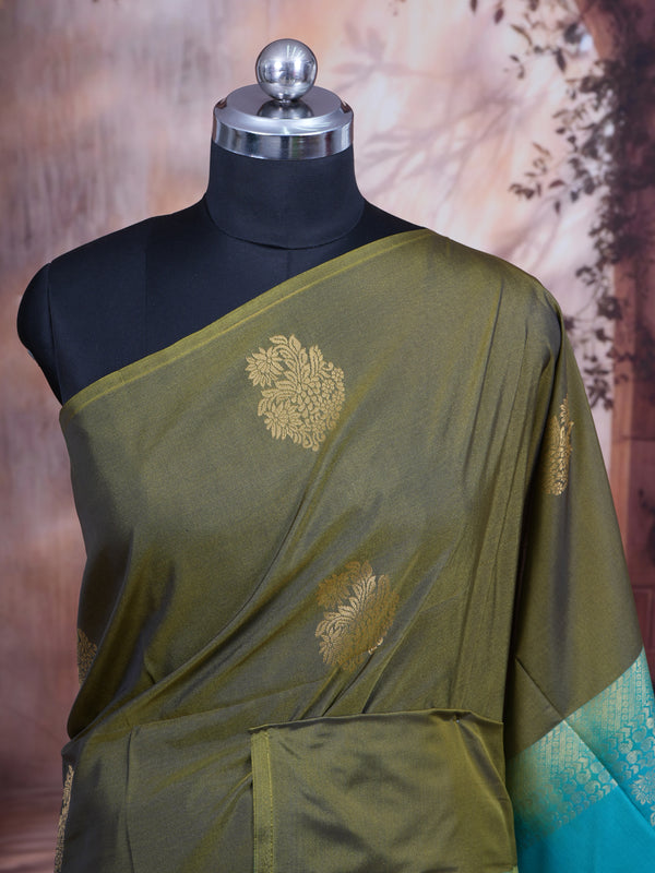 Olive Green with Turquoise Blue - Semi Silk Saree