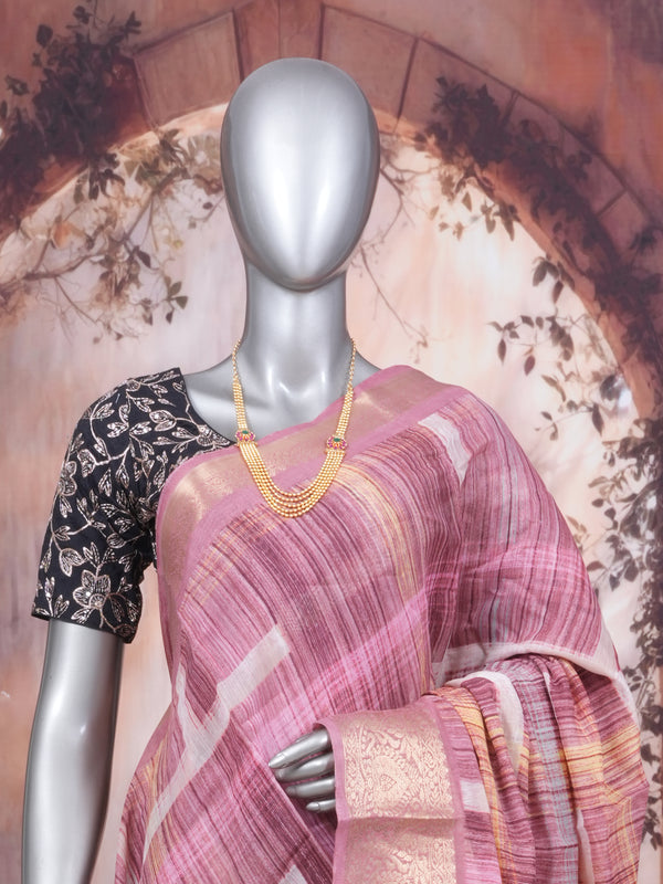 Mauve Pink and Multi-Color Checked Saree with Golden Zari Pallu - Semi Raw Silk Saree