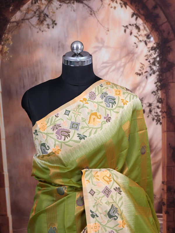 Olive Green with Off-White Cream Fancy Silk Saree