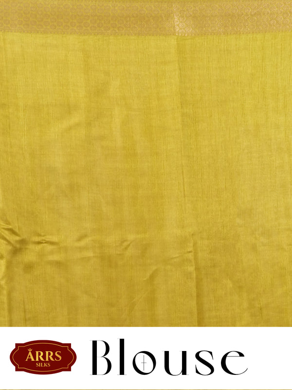 Lemon Yellow with Olive Green - Semi Raw Silk Saree