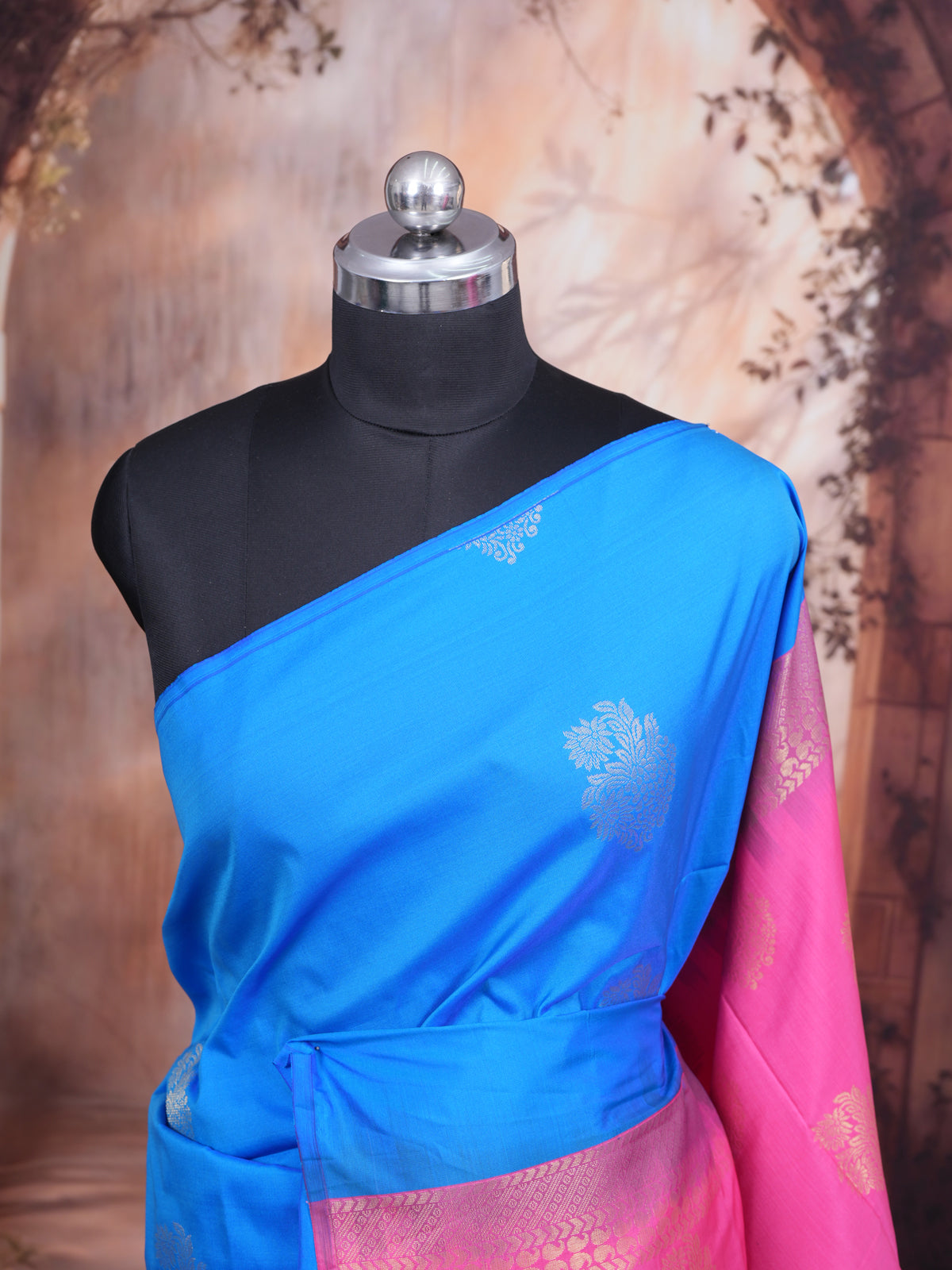 Sky Blue with Pink - Semi Silk Saree