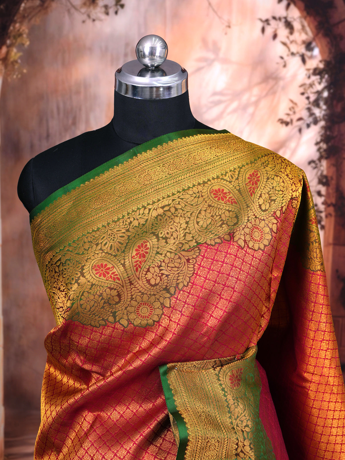 Crimson Pink and Parrot Green Pure Kanchipuram Silk Saree