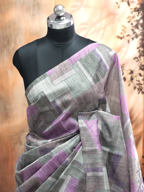 Grey and Purple with Mauve Printed Pallu - Semi Tussar Saree