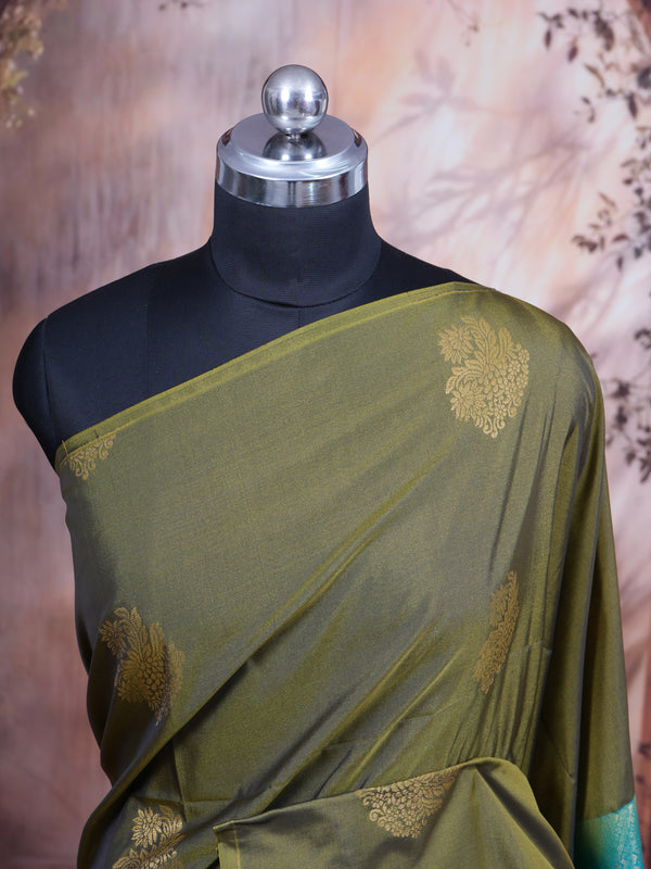 Olive Green with Turquoise Blue - Semi Silk Saree