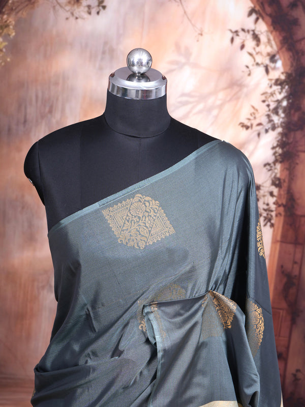 Slate Grey with Creamish Gold Semi Silk Saree