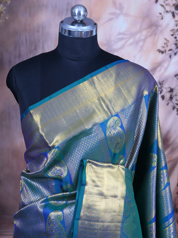 Peacock Blue and Teal Pure Kanchipuram Silk Saree