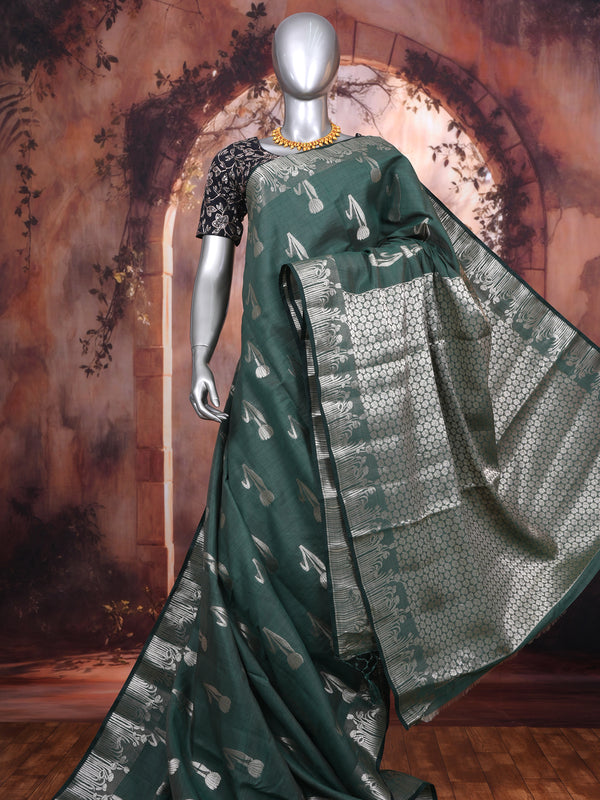 Bottle Green with Silver - Semi Tussar Saree