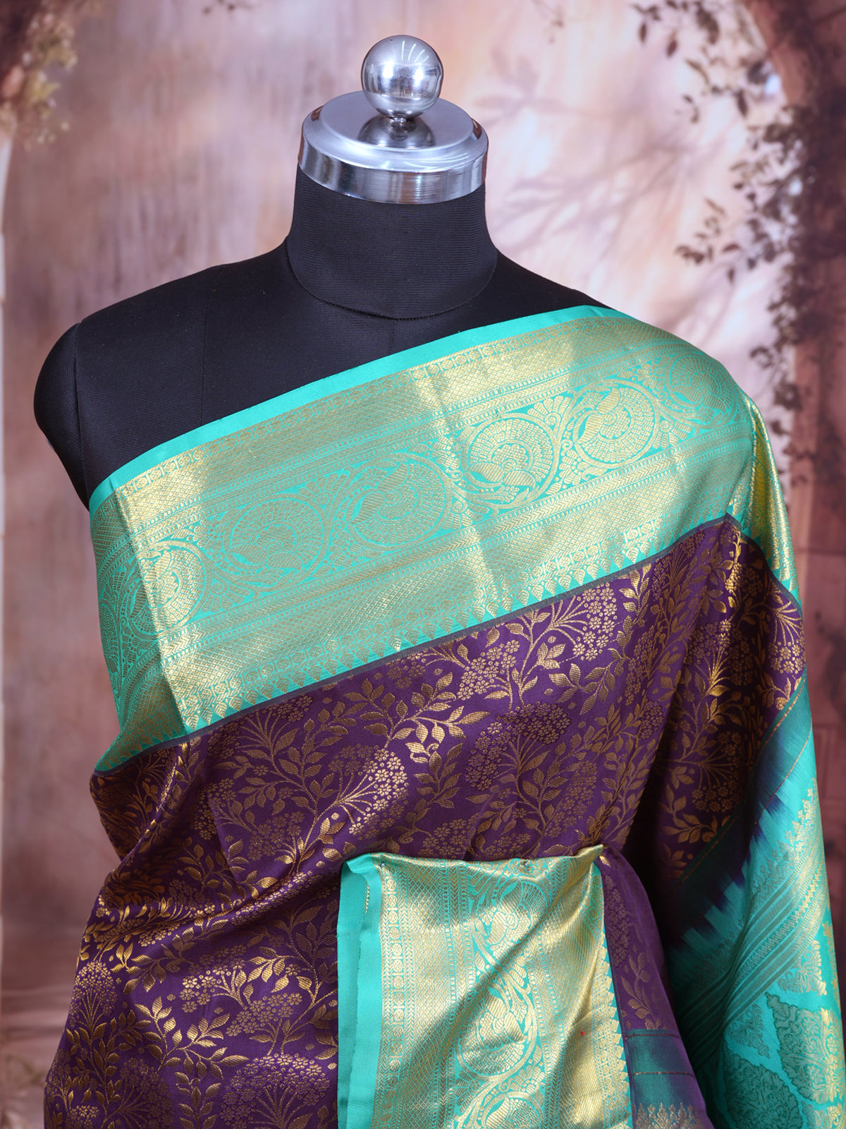 Deep Purple and Sea Green Pure Kanchipuram Silk Saree