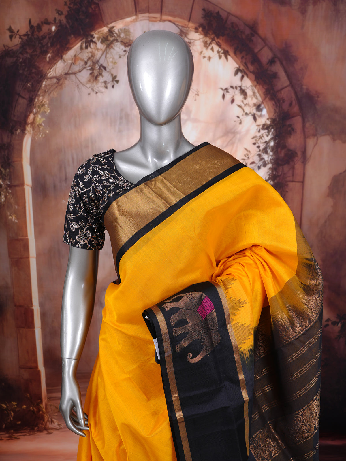 Vibrant Mustard Yellow and Black Pure Silk Cotton Saree