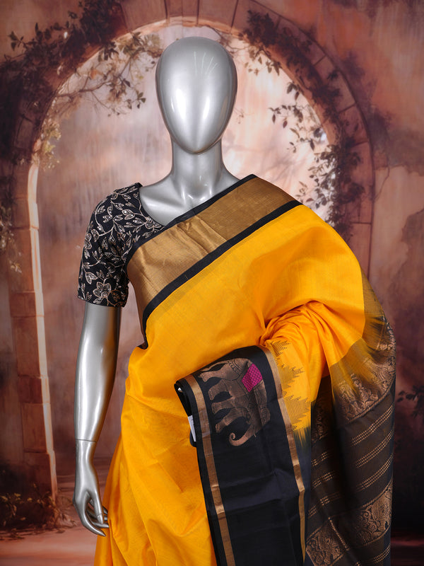 Vibrant Mustard Yellow and Black Pure Silk Cotton Saree