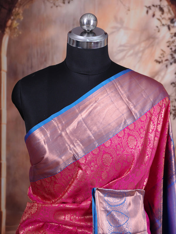 Pink and Sky Blue Kanchipuram Pure Mix Saree