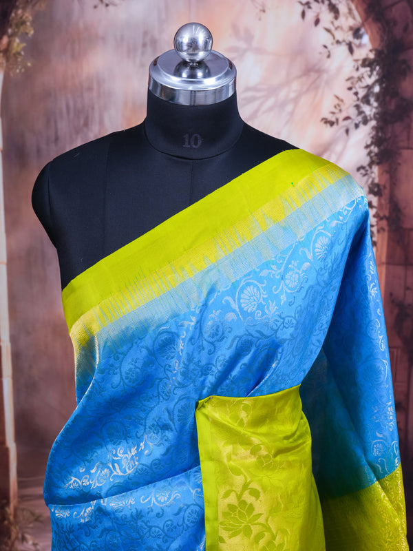 Sky Blue and Lime Green Pure Soft Silk Saree