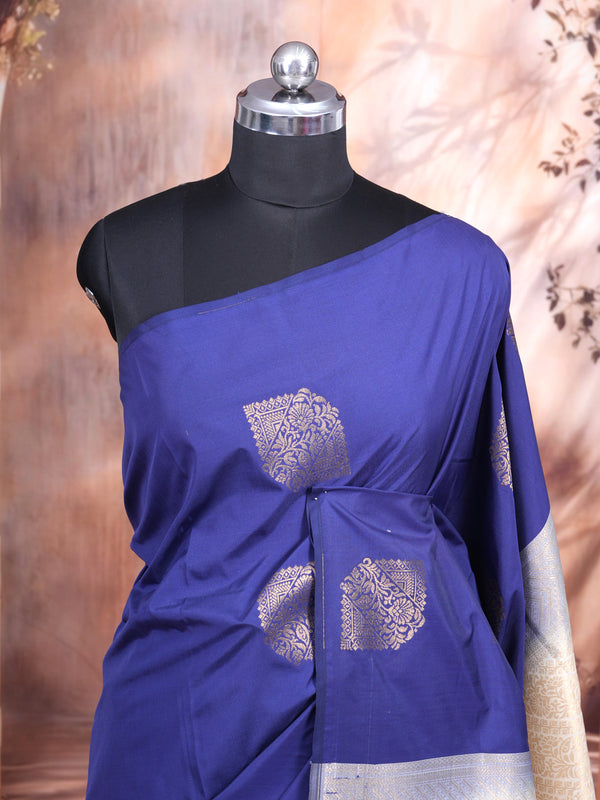 Royal Blue with Cream Semi Silk Saree