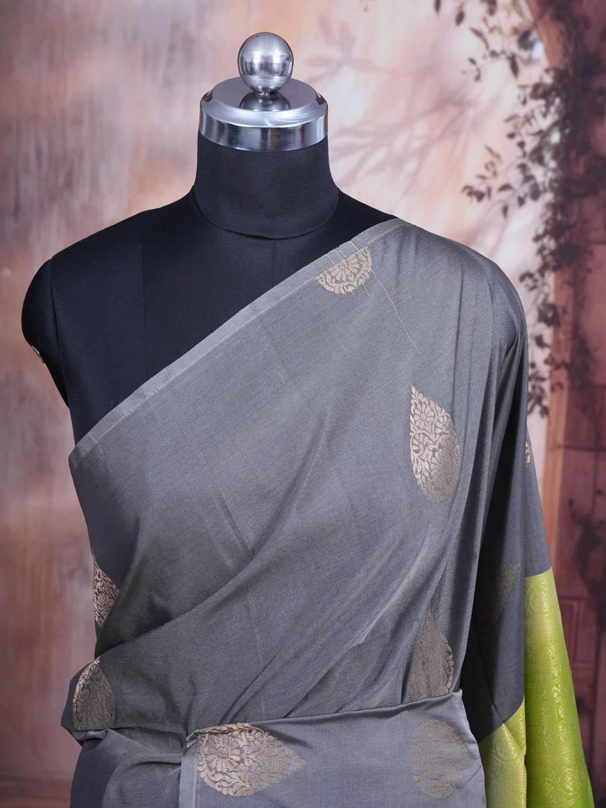 Grey with Lime Green - Semi Silk Saree