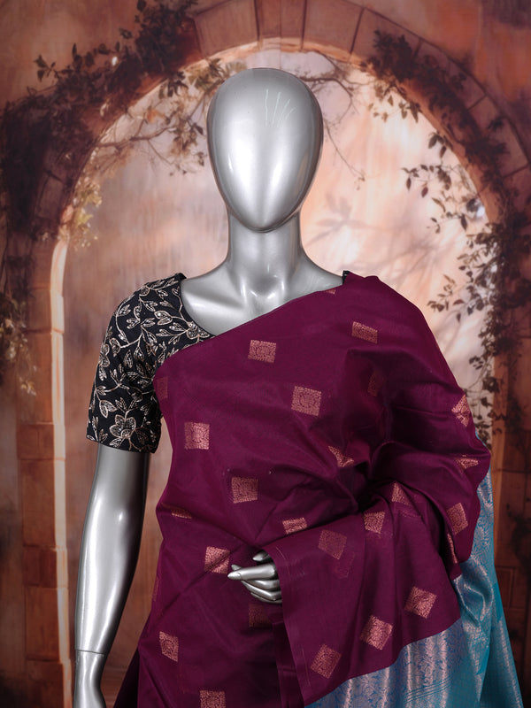 Deep Wine and Cyan Blue Zari Weave Pure Silk Cotton Saree