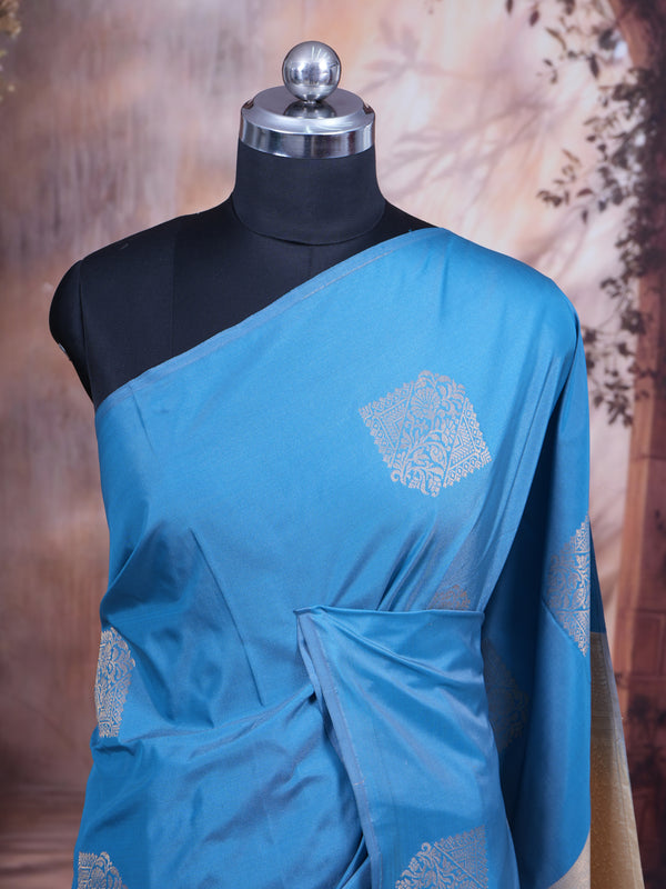 Sky Blue with Cream - Semi Silk Saree