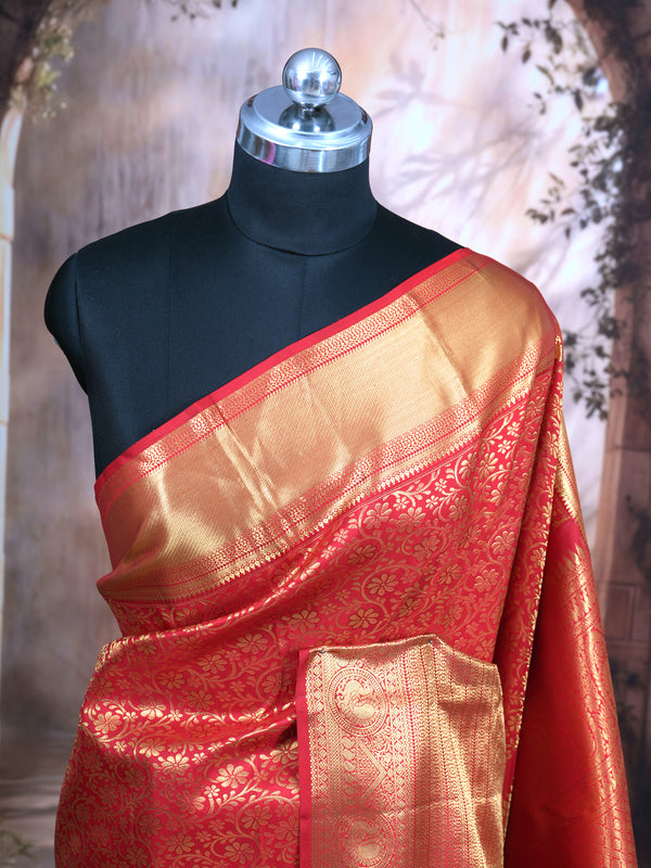 Regal Crimson Red and Antique Gold Pure Kanjivaram Silk Saree