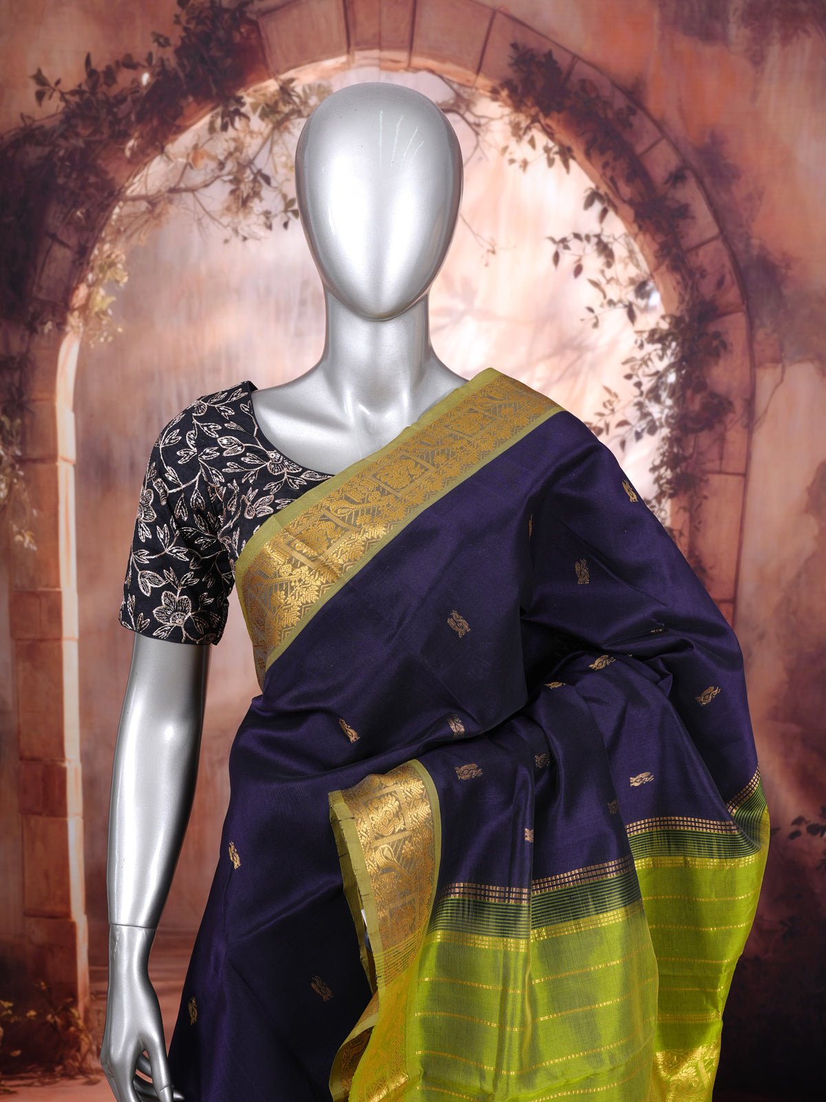 Elegant Royal Purple with Lime Green Zari Border pure Silk cotton Saree