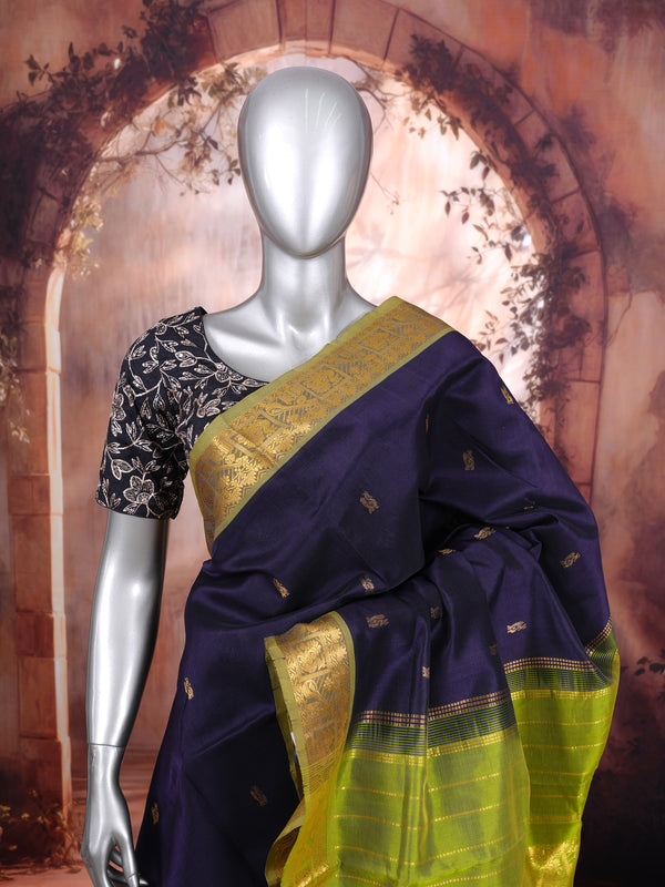 Elegant Royal Purple with Lime Green Zari Border pure Silk cotton Saree