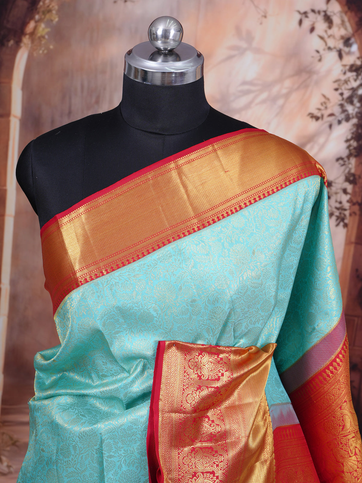 Sky Blue and Crimson Red Pure Kanchipuram Silk Saree