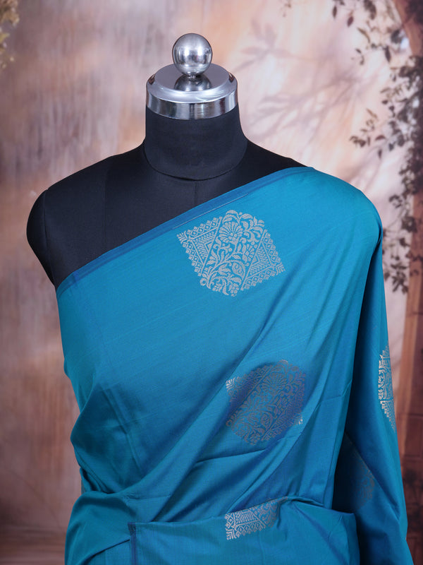 Teal Blue with Cream - Semi Silk Saree