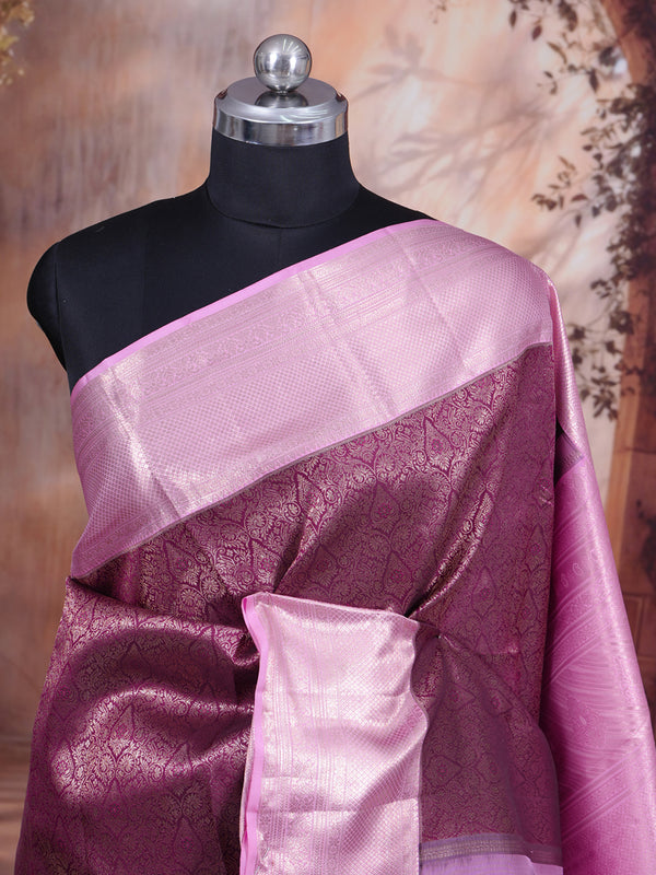 Alluring Wine Purple and Pastel Pink Pure Kanjivaram Silk Saree