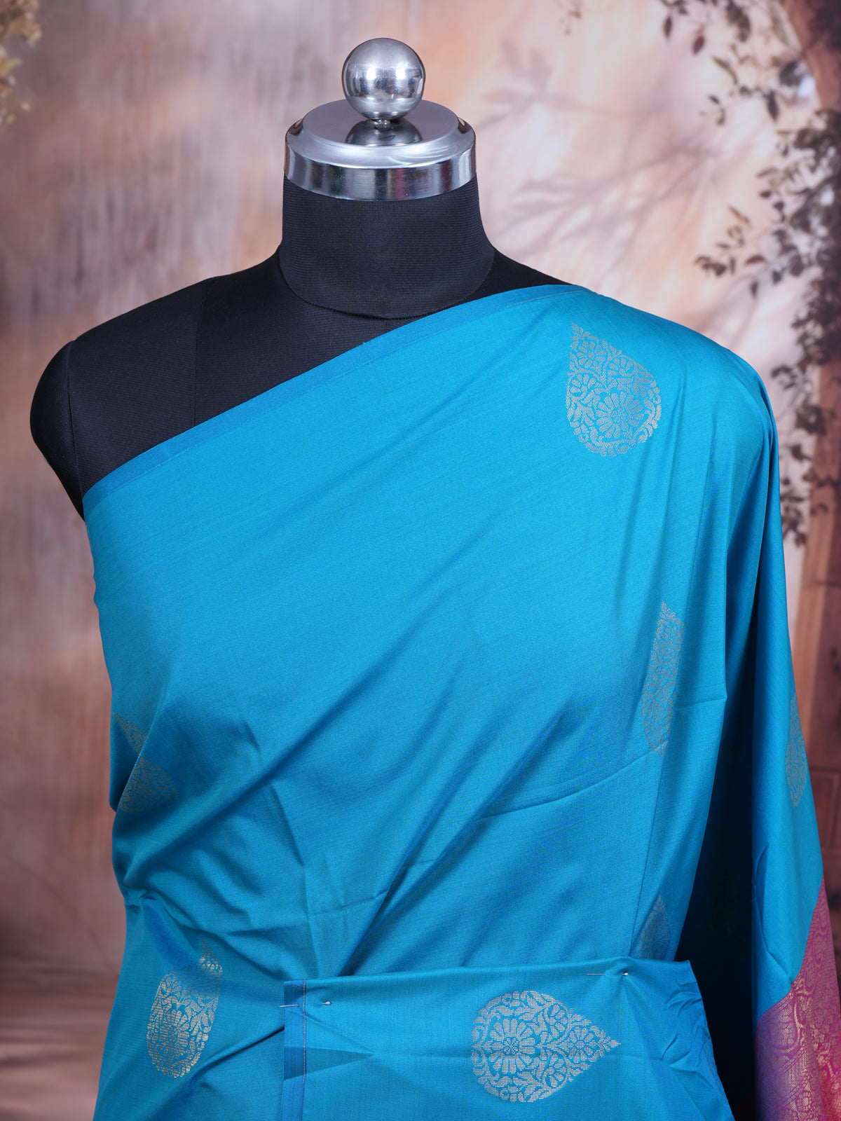 Sky Blue with Pink - Semi Silk Saree