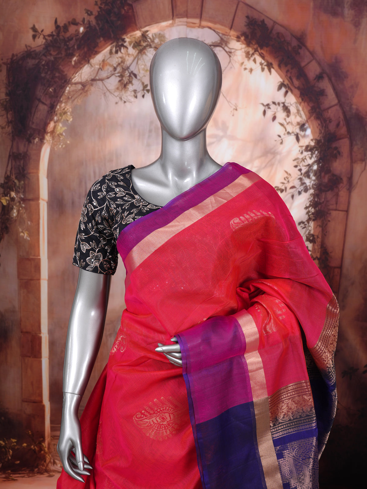 Vibrant Pink and Violet-Blue with Traditional Zari Border Pure Silk Cotton Saree