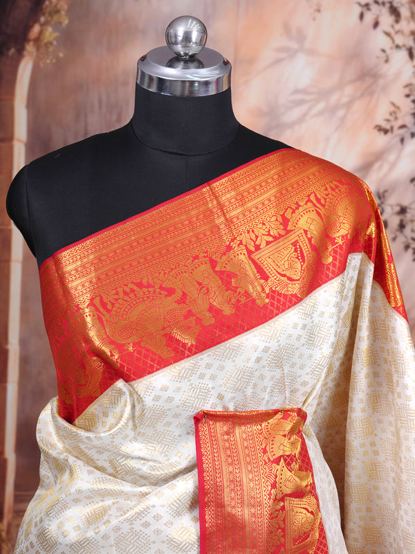 Off-White and Red Pure Kanjivaram Silk Saree
