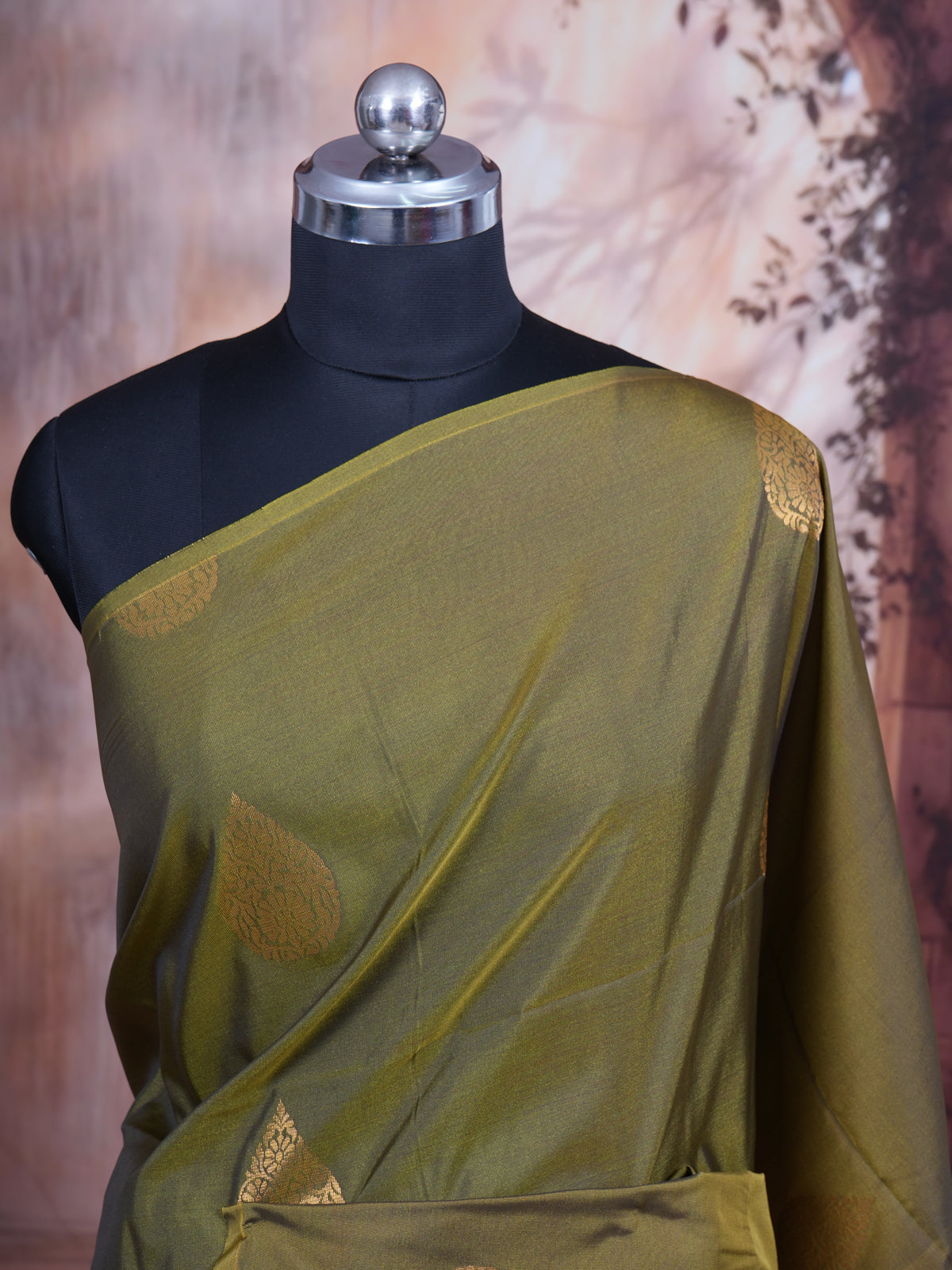 Olive Green with Pink - Semi Silk Saree