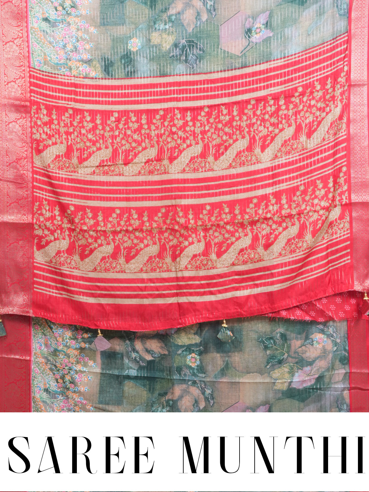 Olive Green with Red Pallu - Semi Raw Silk Saree
