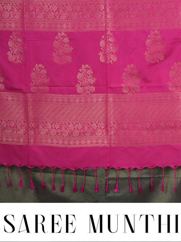 Olive Green with Magenta Pink - Semi Silk Saree