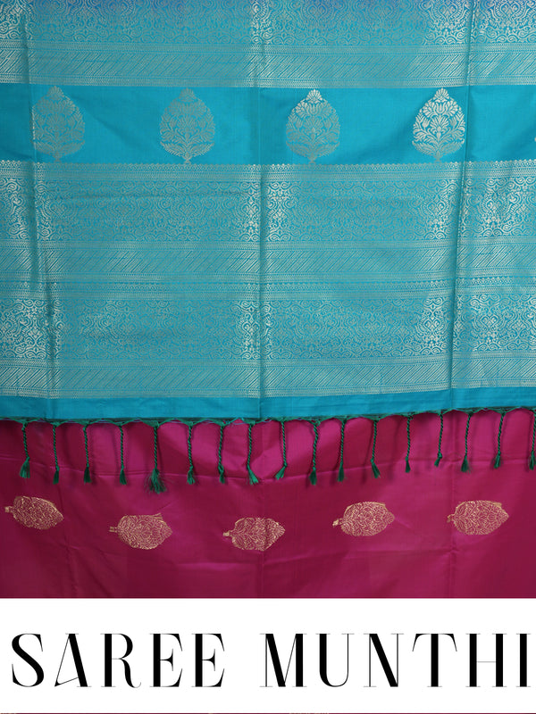 Magenta with Turquoise Blue - Semi Silk Saree