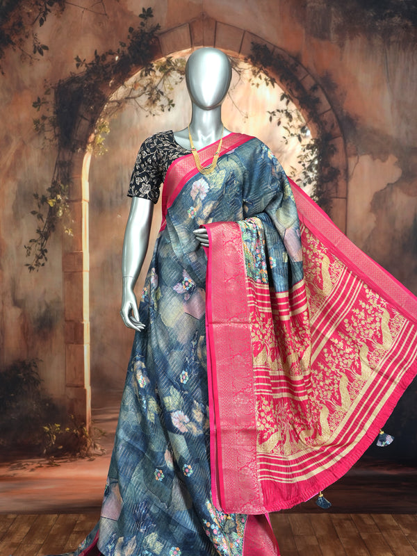 Greyish Blue with Rani Pink - Semi Raw Silk Saree