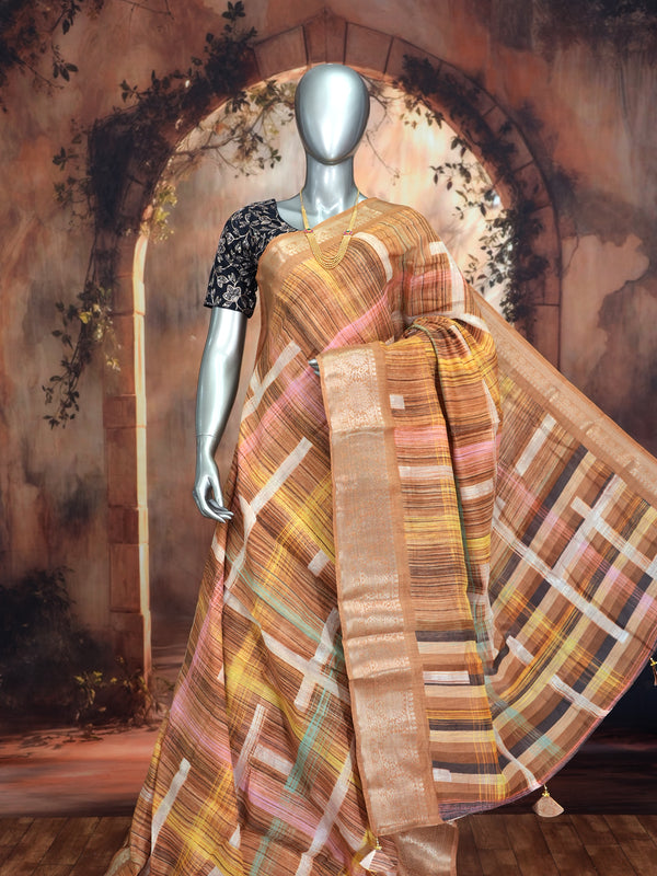 Elegant Ochre Brown with Golden Zari Pallu - Semi Raw Silk Saree