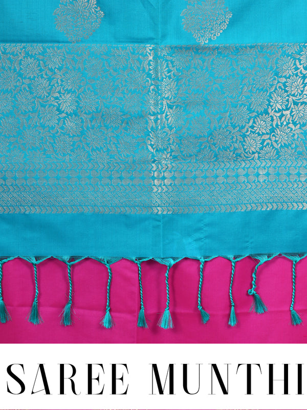 Magenta Pink with Turquoise Blue - Semi Silk Saree