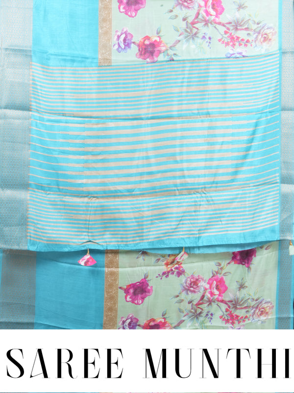 Mint Green with Sky Blue - Semi Raw Silk Saree