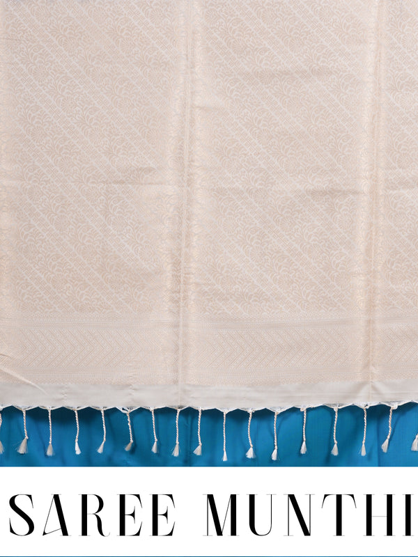 Teal Blue with Cream - Semi Silk Saree