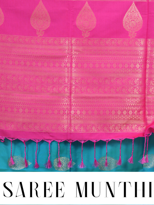 Cyan Blue with Rani Pink - Semi Silk Saree