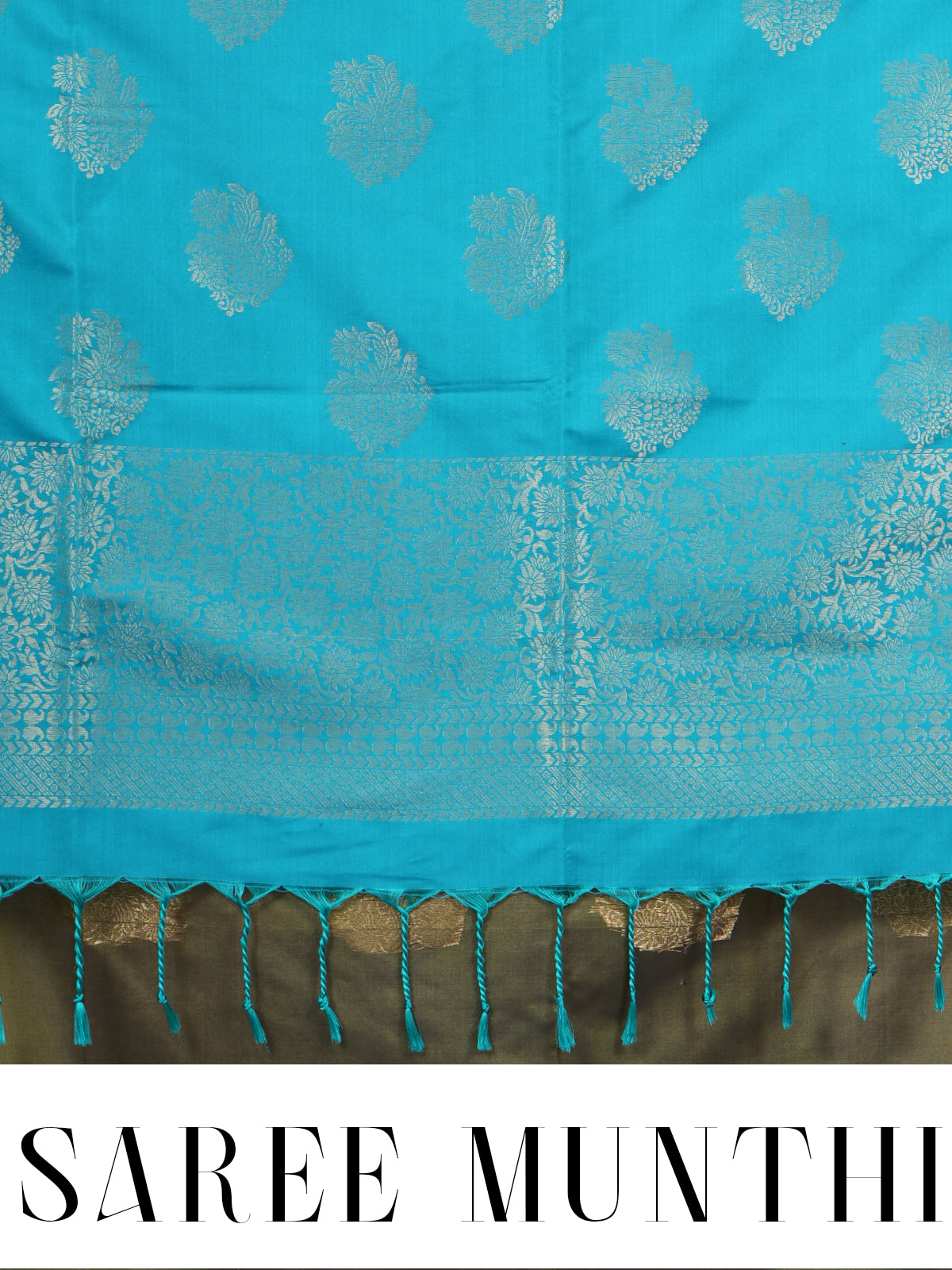 Olive Green with Turquoise Blue - Semi Silk Saree