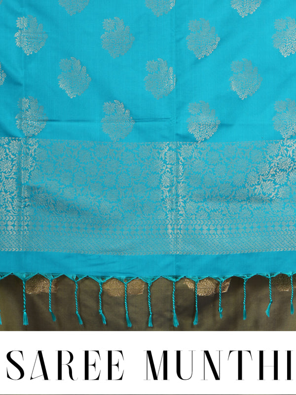 Olive Green with Turquoise Blue - Semi Silk Saree
