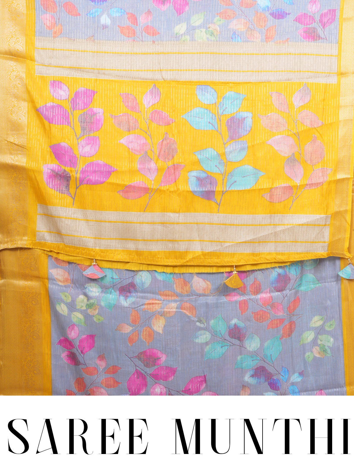 Grey with Yellow - Semi Raw Silk Saree