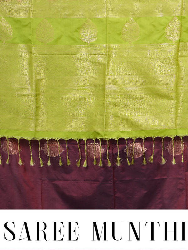 Maroon with Lime Green - Semi Silk Saree
