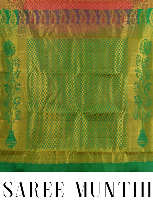 Crimson Pink and Parrot Green Pure Kanchipuram Silk Saree