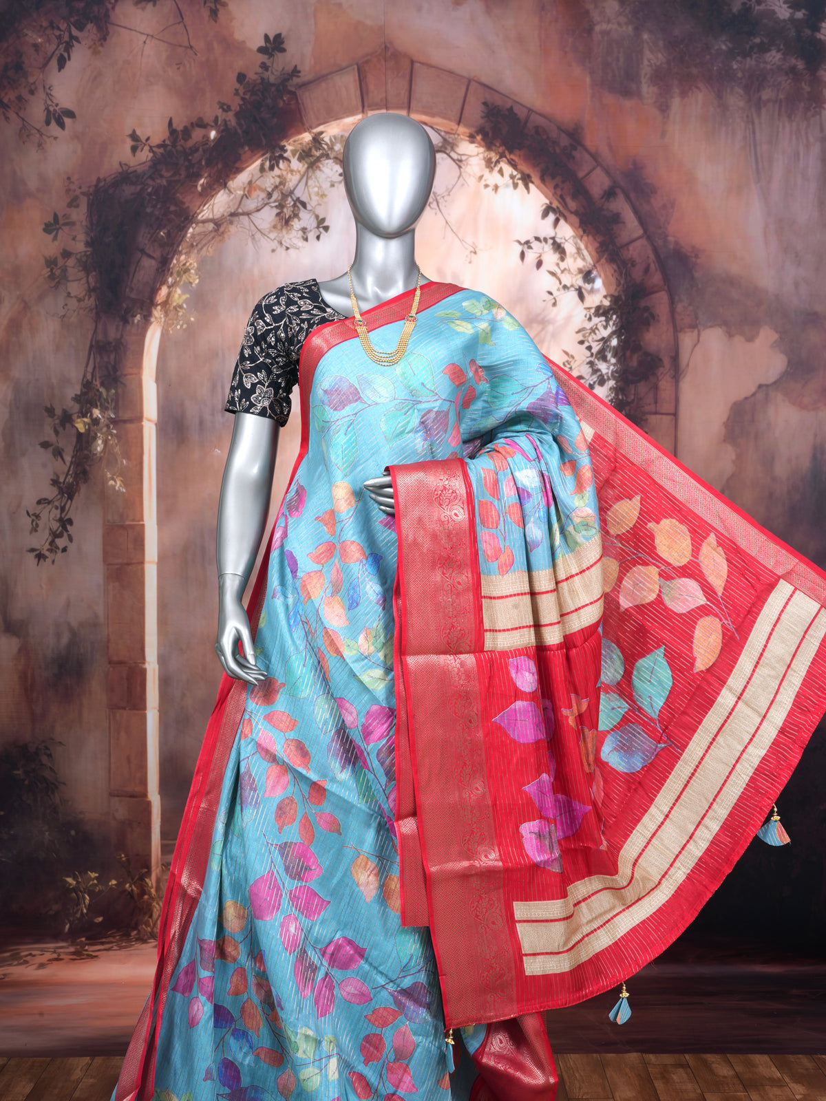 Sky Blue with Crimson Red - Semi Raw Silk Saree