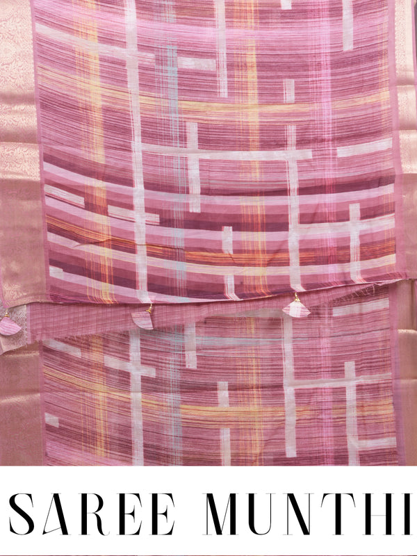 Mauve Pink and Multi-Color Checked Saree with Golden Zari Pallu - Semi Raw Silk Saree