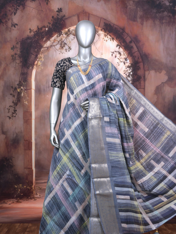 Steel Gray with Silver Zari Pallu - Semi Raw Silk Saree