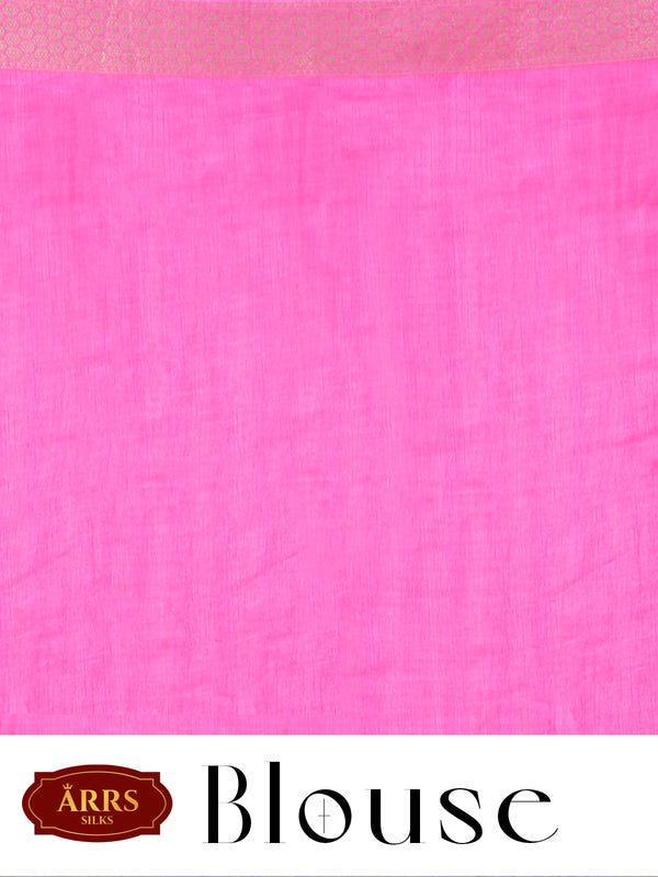 Light Pink Floral Printed Saree with Dark Pink Zari Pallu - Semi Raw Silk Saree