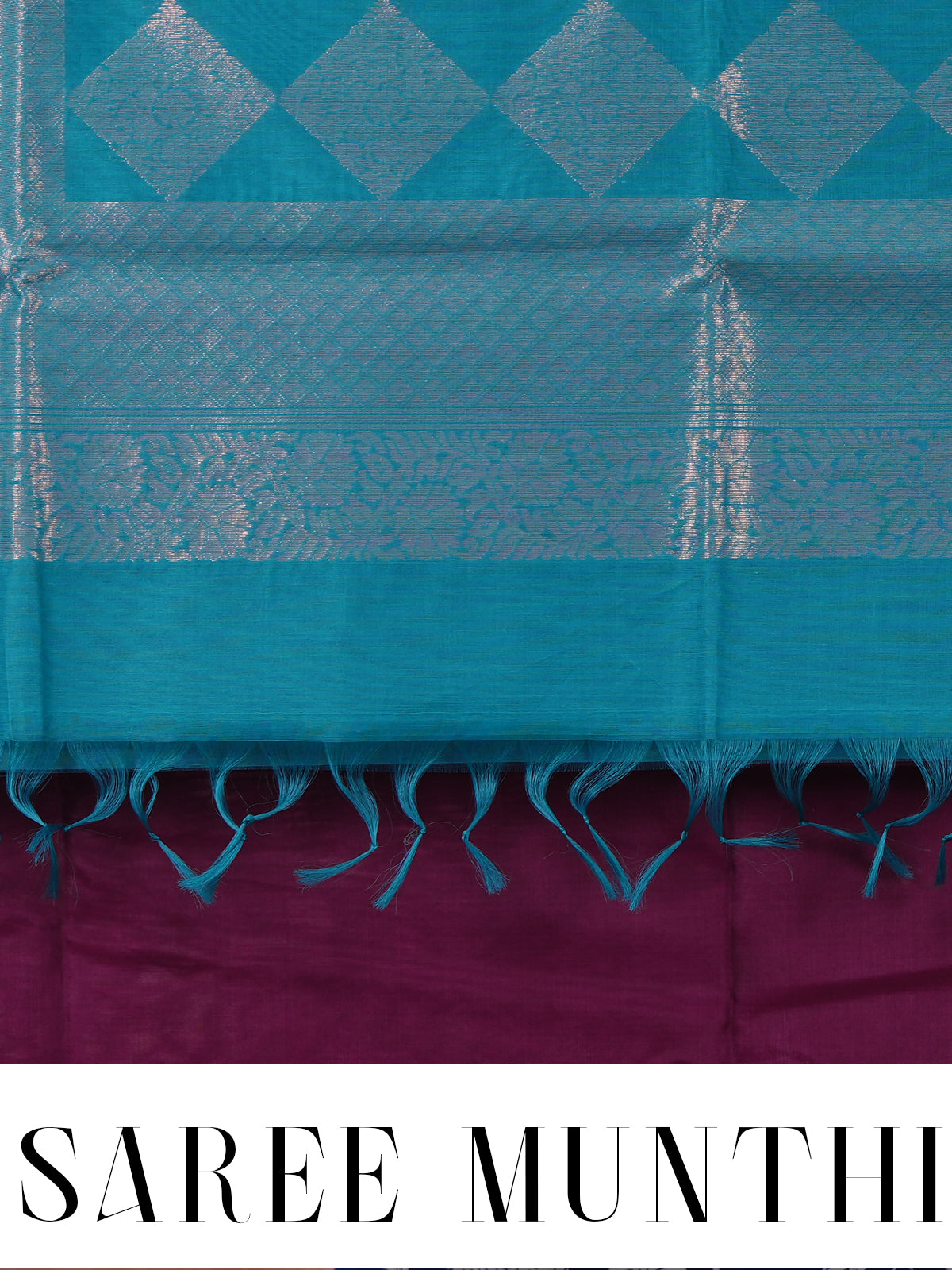 Deep Wine and Cyan Blue Zari Weave Pure Silk Cotton Saree